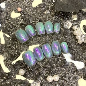 Press on nails short square blue cat eyes with glitter